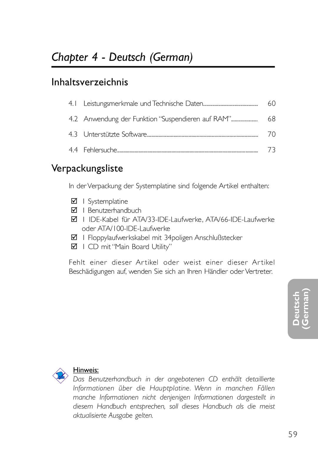 DFI NB32-SL, NB32-SC manual Inhaltsverzeichnis, Verpackungsliste, Hinweis 