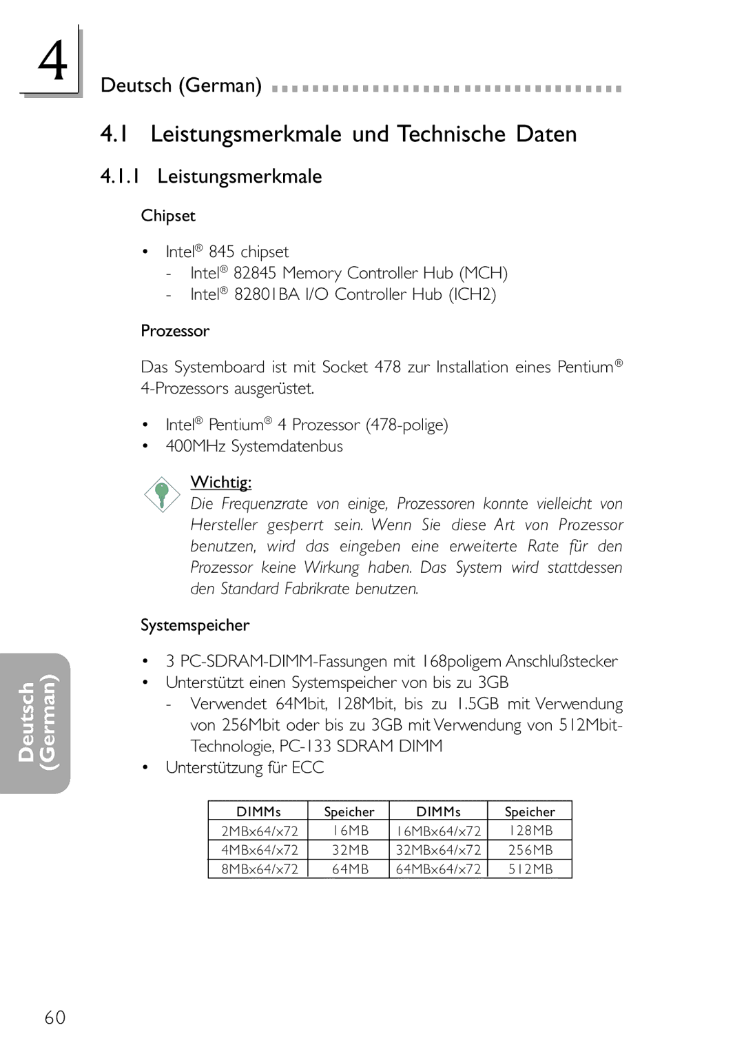 DFI NB32-SC, NB32-SL manual Leistungsmerkmale und Technische Daten, Unterstützung für ECC 