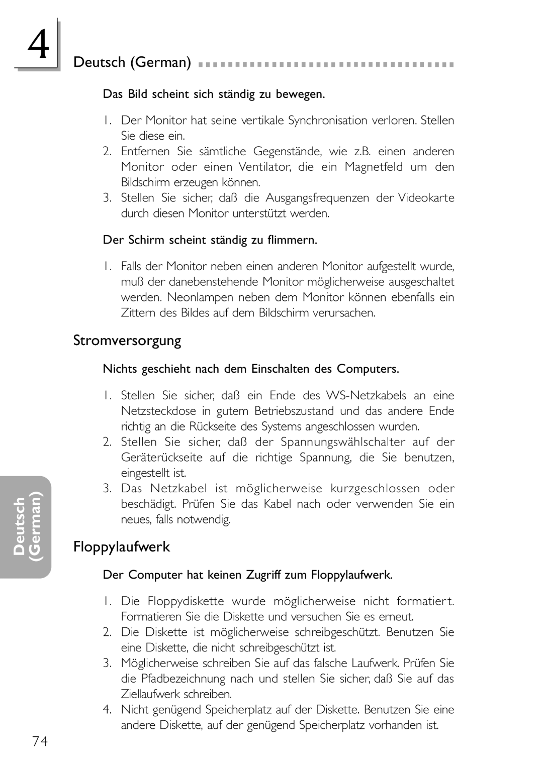 DFI NB32-SC, NB32-SL manual Stromversorgung, Floppylaufwerk, Nichts geschieht nach dem Einschalten des Computers 