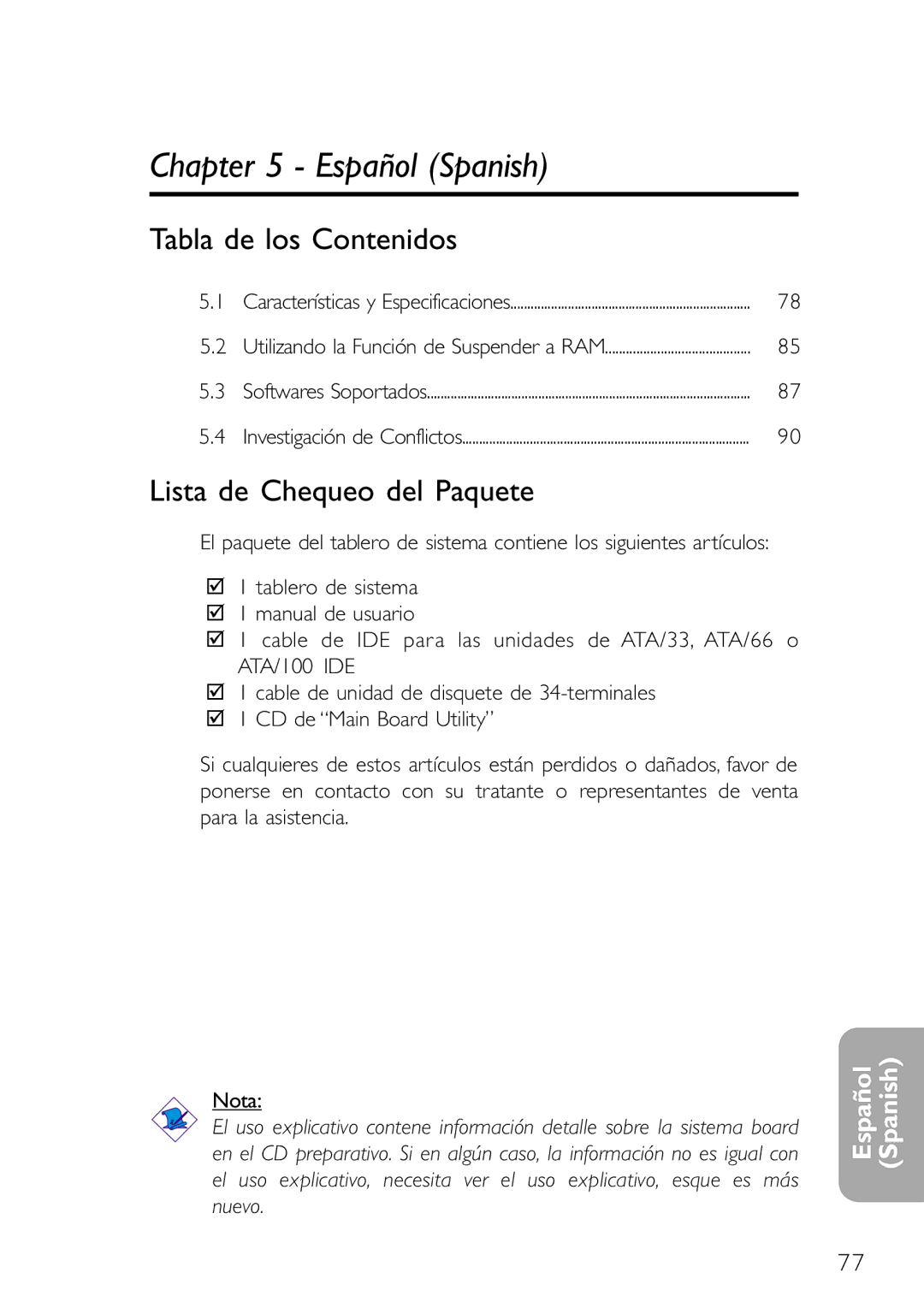 DFI NB32-SL, NB32-SC manual Tabla de los Contenidos, Lista de Chequeo del Paquete 