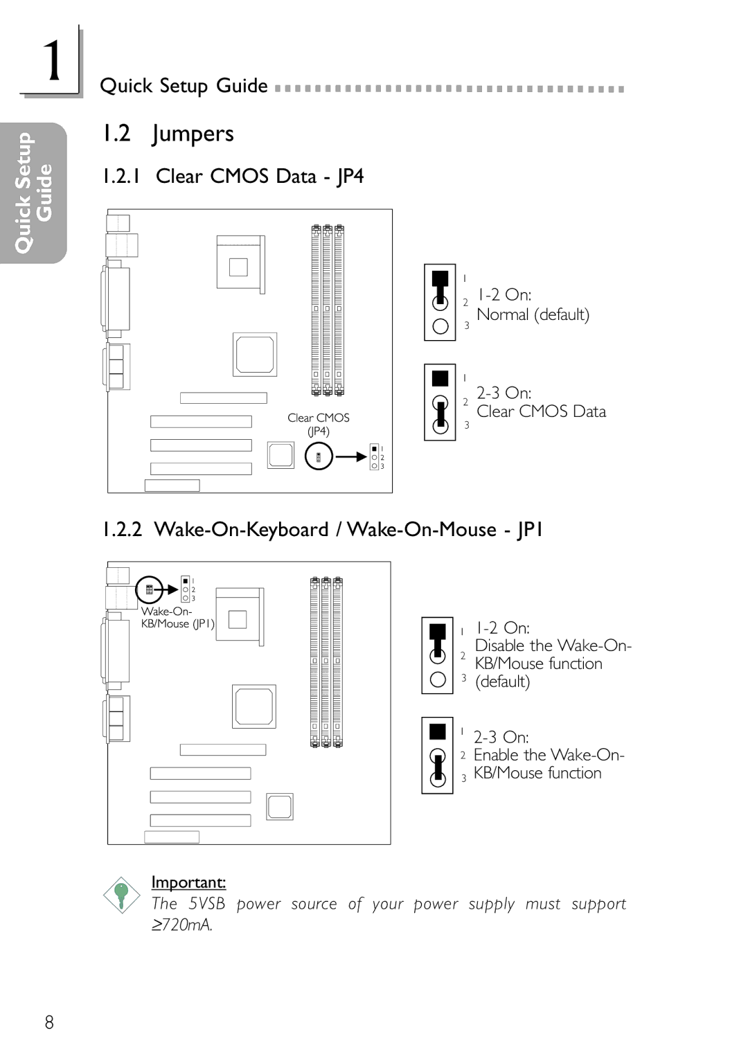 DFI NB32-SC, NB32-SL manual Wake-On-Keyboard / Wake-On-Mouse JP1, Clear Cmos Data 