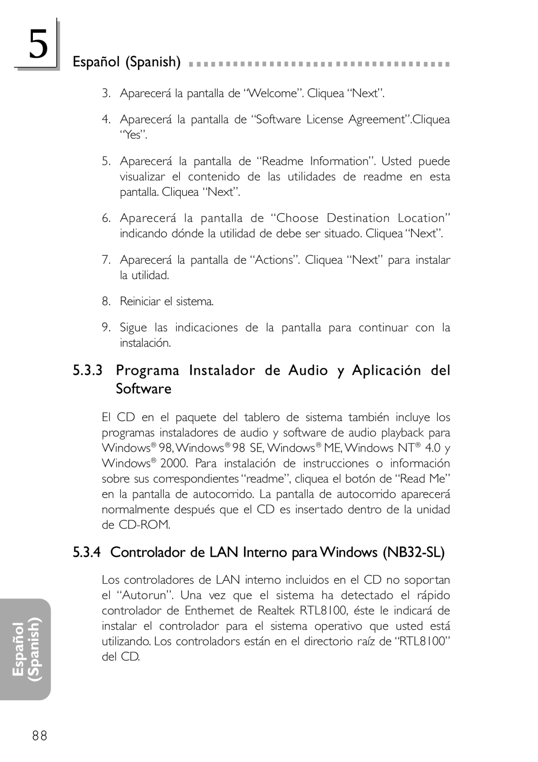 DFI NB32-SC manual Programa Instalador de Audio y Aplicación del Software, Controlador de LAN Interno para Windows NB32-SL 