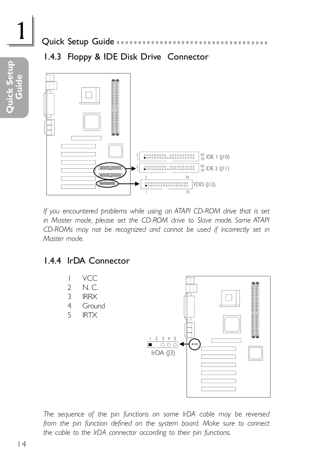 DFI NB78-BL, NB78-BC manual Quick Setup Guide Floppy & IDE Disk Drive Connector, IrDA Connector 