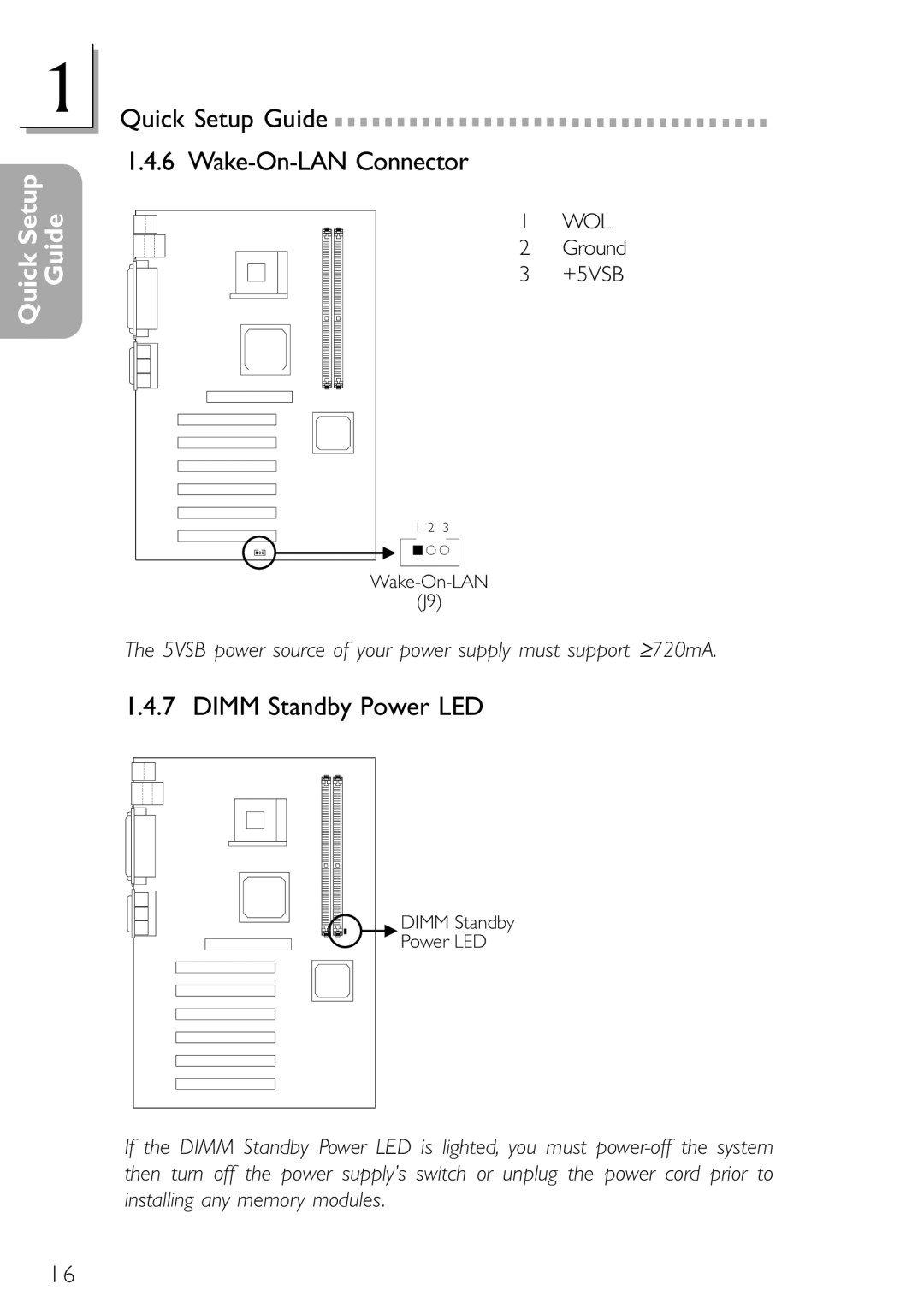 DFI NB78-BL, NB78-BC manual Quick Setup Guide Wake-On-LAN Connector, Dimm Standby Power LED 