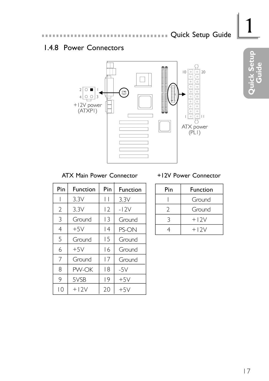 DFI NB78-BC, NB78-BL manual Quick Setup Guide Power Connectors, ATX Main Power Connector Pin Function 12V Ground +5V 