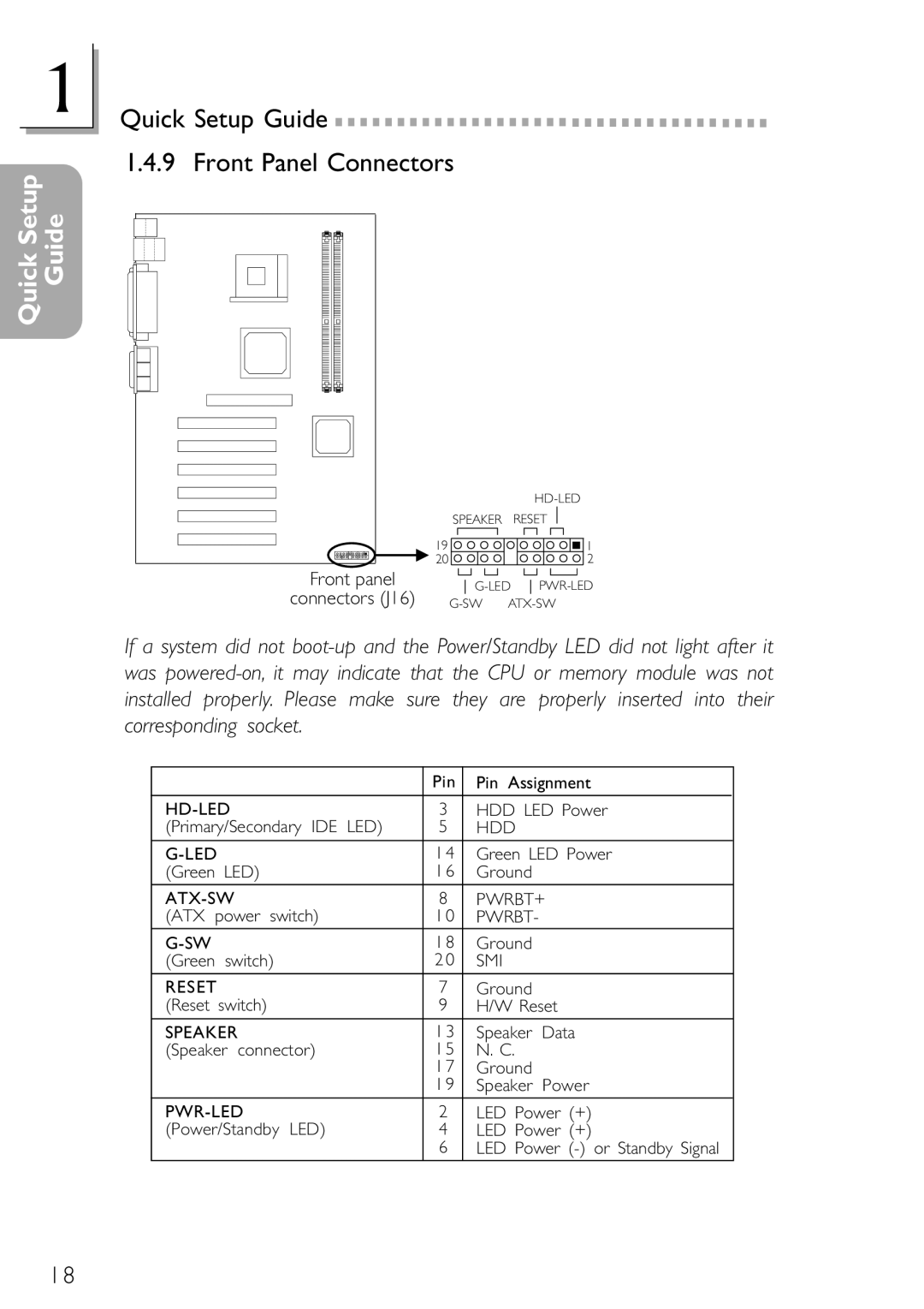 DFI NB78-BL, NB78-BC manual Quick Setup Guide Front Panel Connectors 