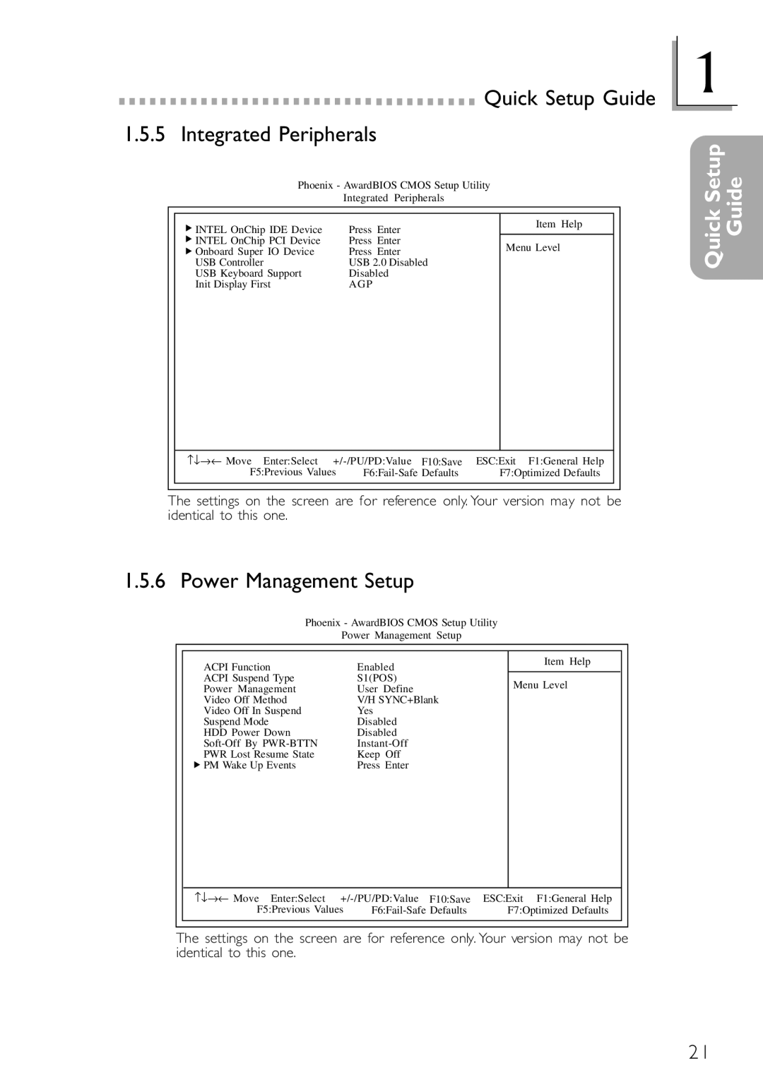 DFI NB78-BC, NB78-BL manual Quick Setup Guide Integrated Peripherals, Power Management Setup 