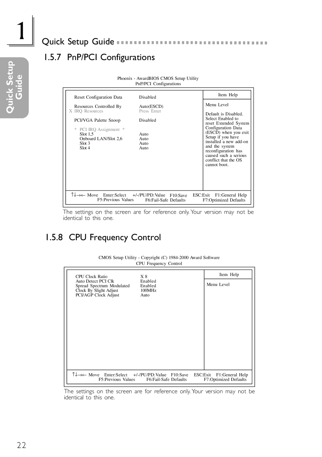 DFI NB78-BL, NB78-BC manual Quick Setup Guide 1.5.7 PnP/PCI Configurations, CPU Frequency Control 