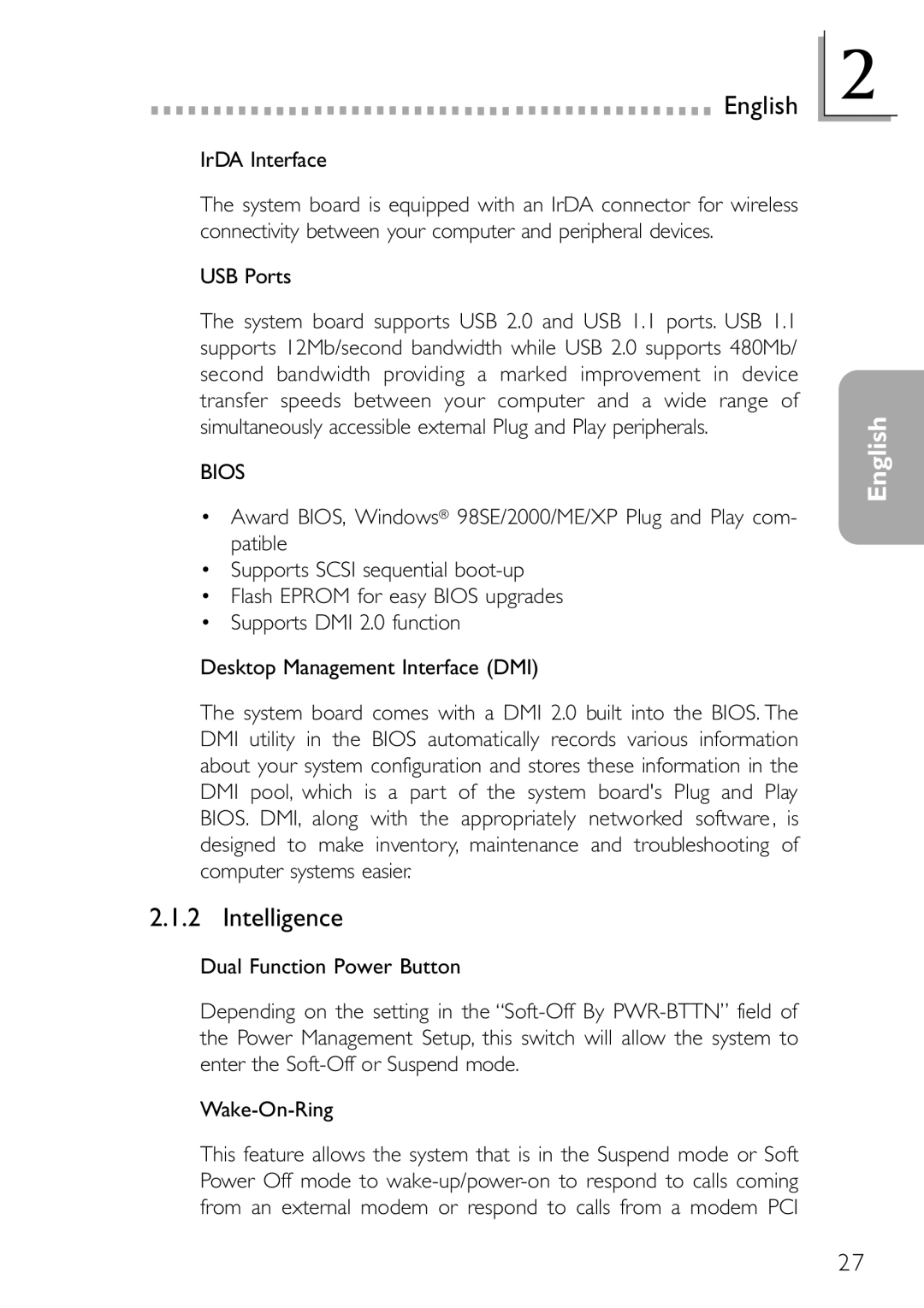 DFI NB78-BC, NB78-BL manual Intelligence, IrDA Interface, USB Ports 