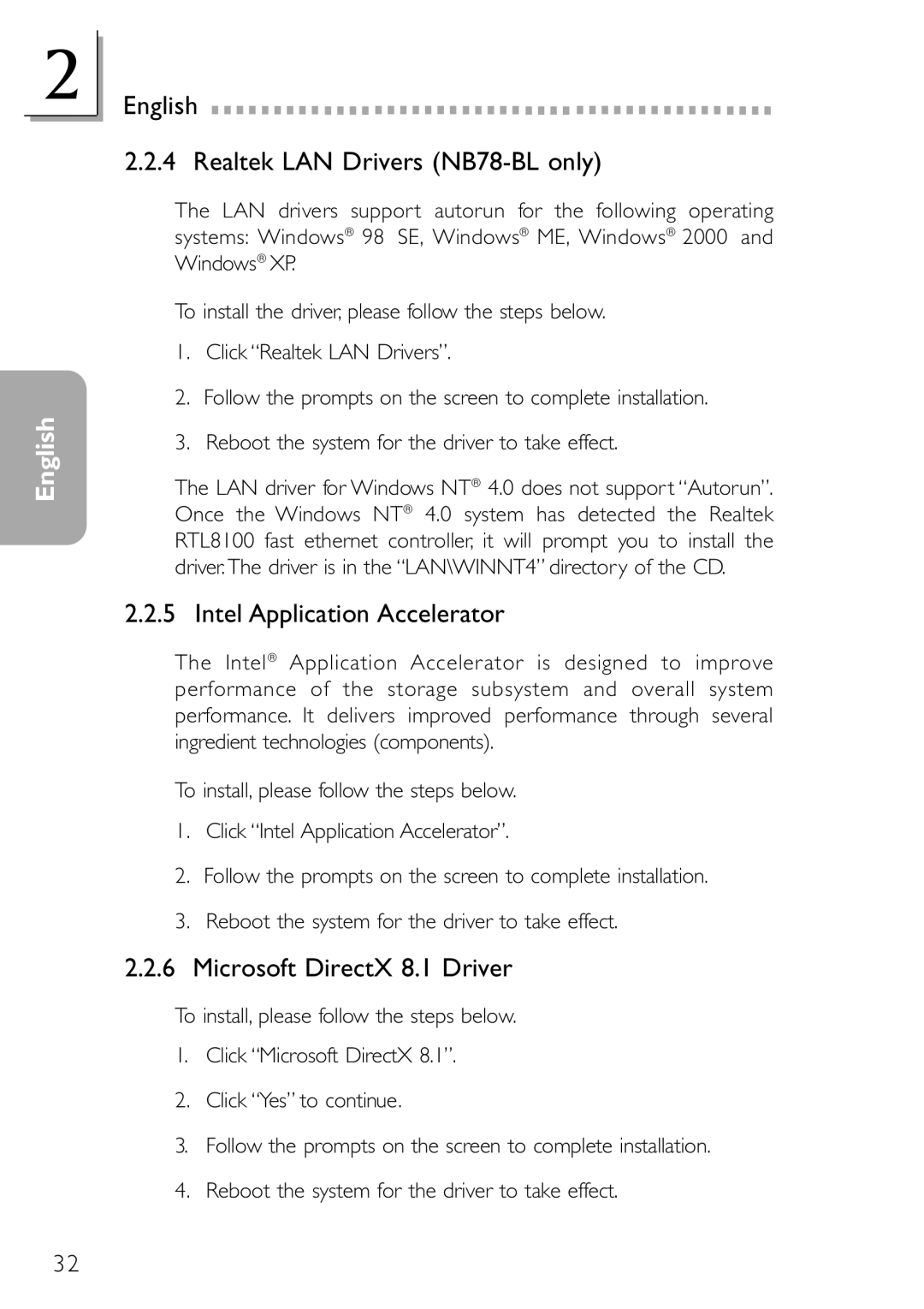 DFI NB78-BC manual English Realtek LAN Drivers NB78-BL only, Intel Application Accelerator, Microsoft DirectX 8.1 Driver 