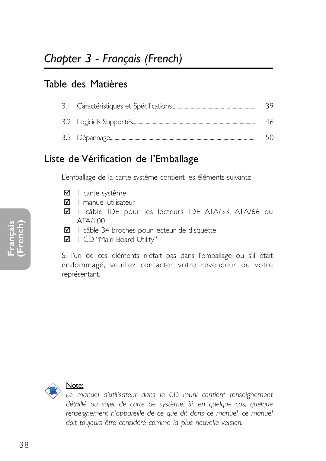 DFI NB78-BL, NB78-BC manual Table des Matières, Liste de Vérification de l’Emballage 