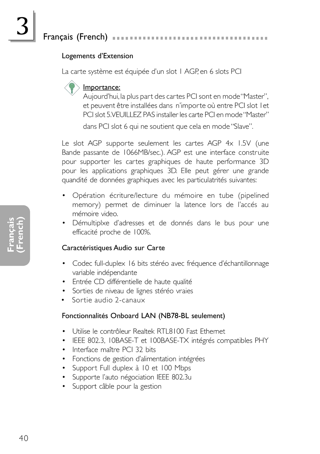 DFI NB78-BL, NB78-BC manual Dans PCI slot 6 qui ne soutient que cela en mode Slave 