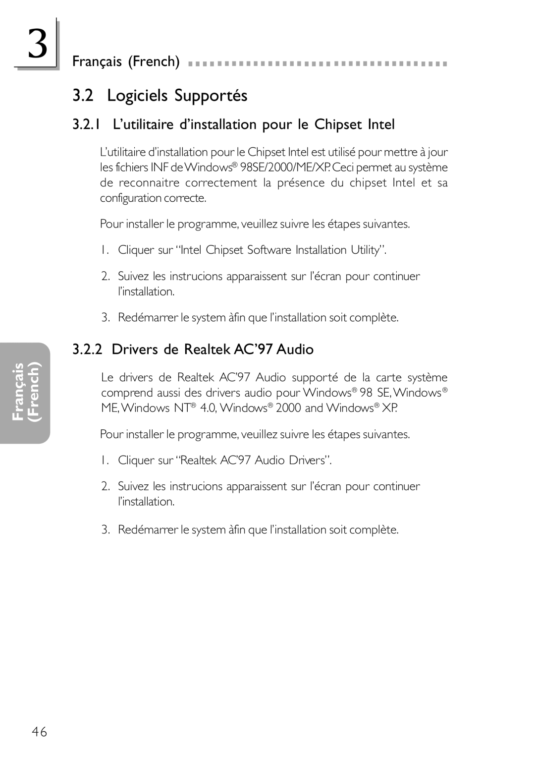 DFI NB78-BL manual Logiciels Supportés, 1 L’utilitaire d’installation pour le Chipset Intel, Drivers de Realtek AC’97 Audio 