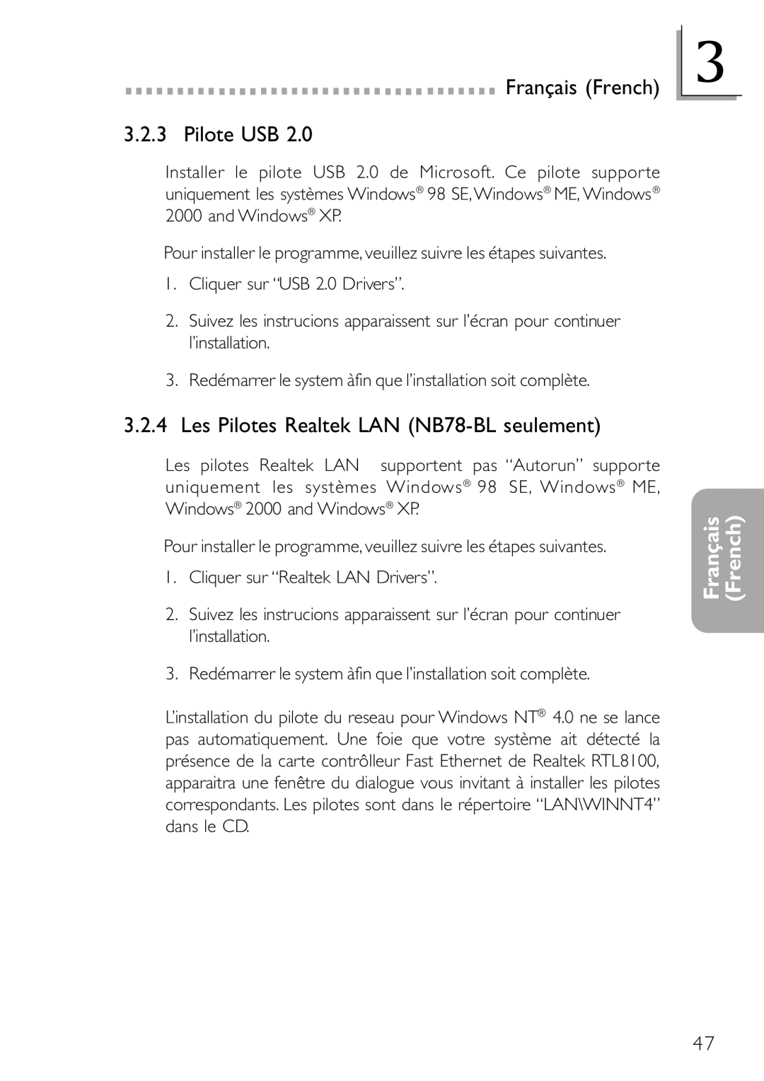 DFI NB78-BC manual Français French Pilote USB, Les Pilotes Realtek LAN NB78-BL seulement 