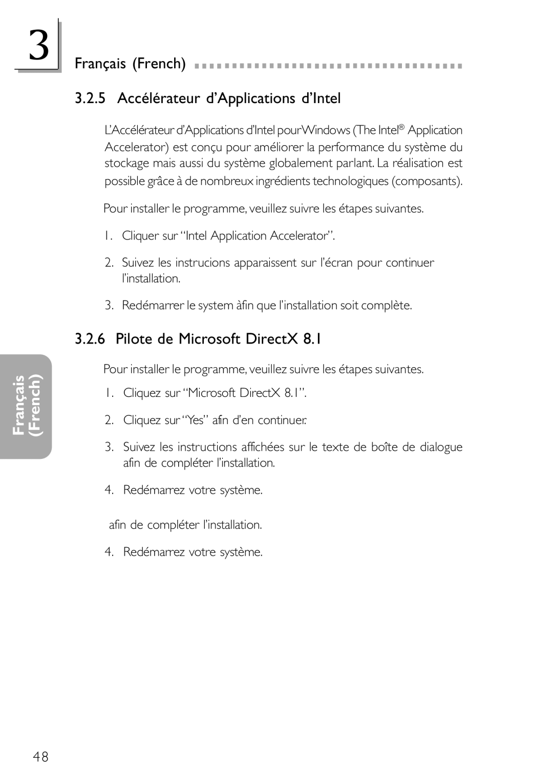 DFI NB78-BL, NB78-BC manual Français French 3.2.5 Accélérateur d’Applications d’Intel, Pilote de Microsoft DirectX 