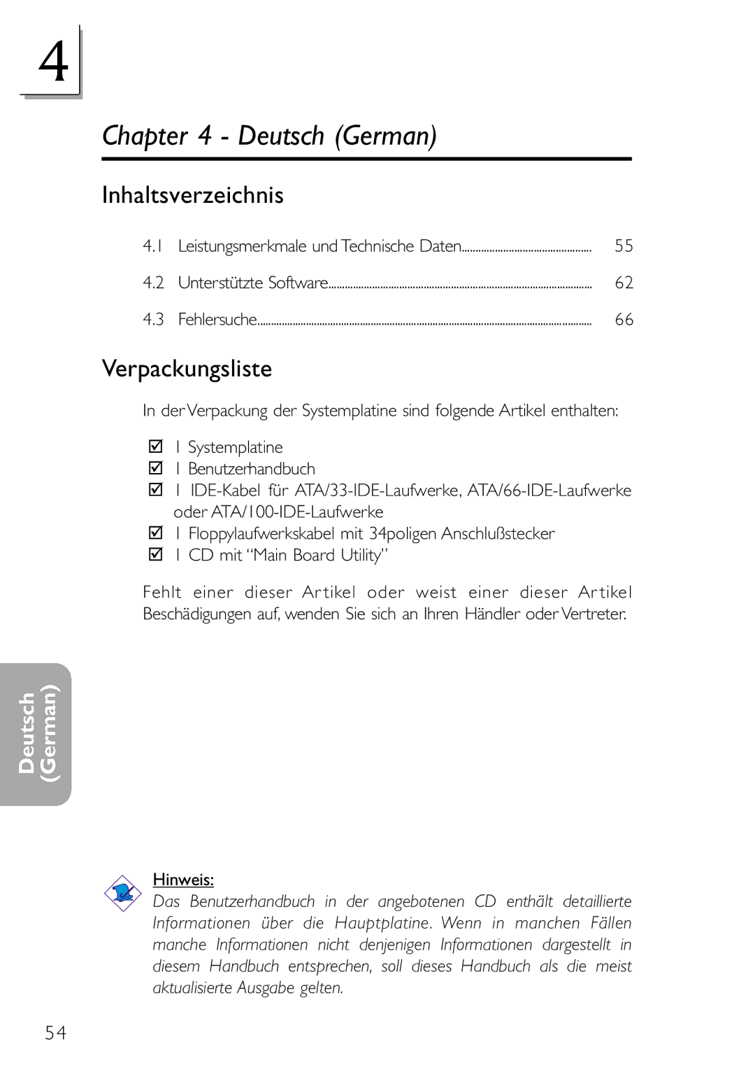 DFI NB78-BL, NB78-BC manual Inhaltsverzeichnis, Verpackungsliste, Hinweis 