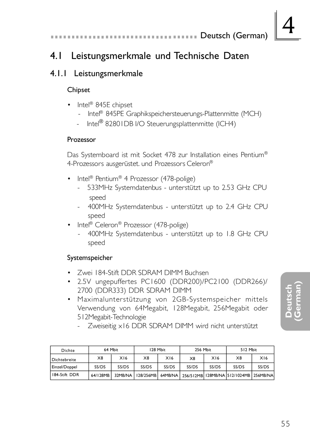 DFI NB78-BC, NB78-BL manual Leistungsmerkmale und Technische Daten 