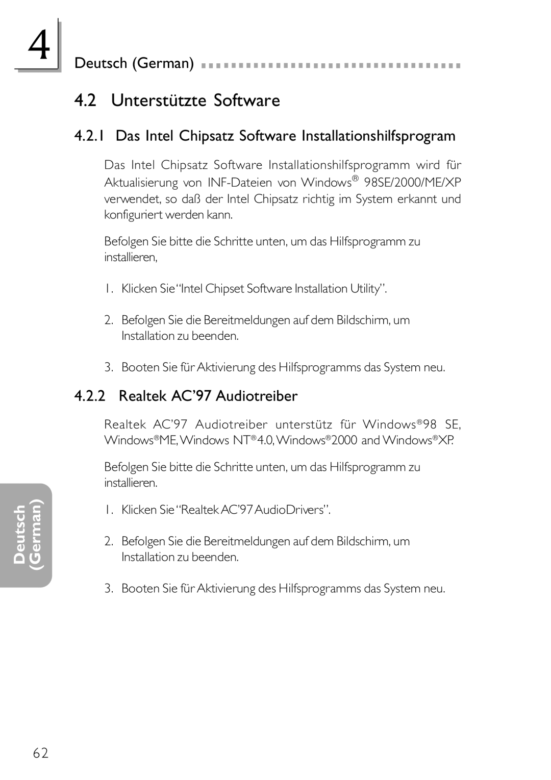 DFI NB78-BL manual Unterstützte Software, Das Intel Chipsatz Software Installationshilfsprogram, Realtek AC’97 Audiotreiber 