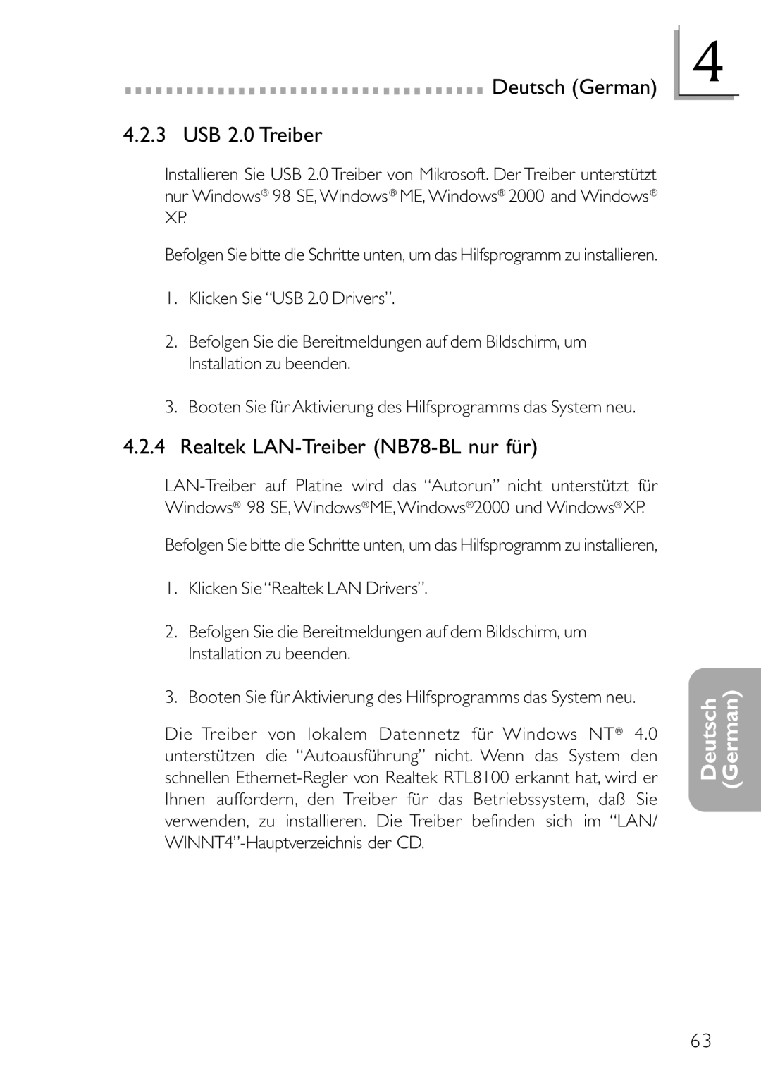 DFI NB78-BC manual Deutsch German USB 2.0 Treiber, Realtek LAN-Treiber NB78-BL nur für 