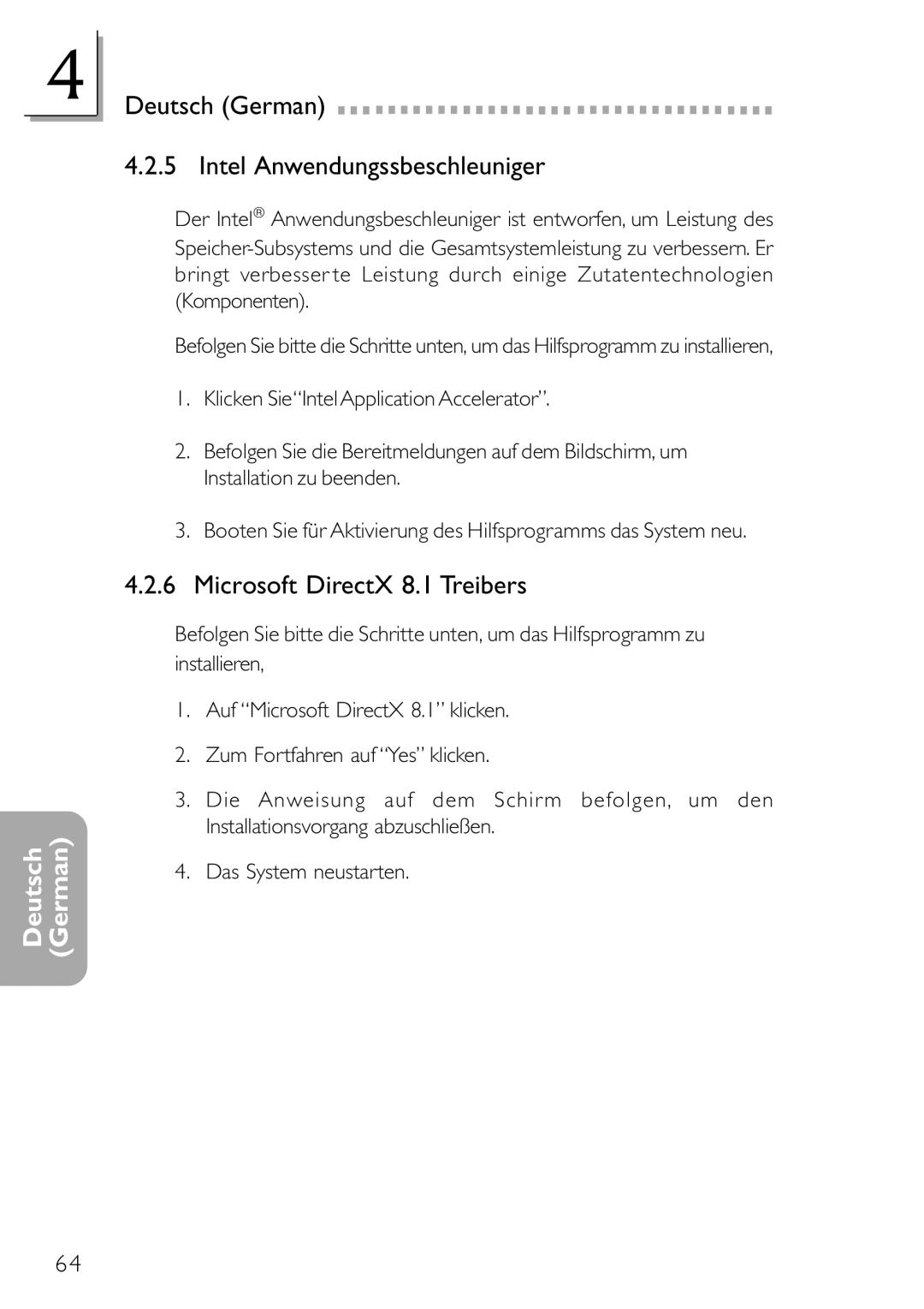 DFI NB78-BL, NB78-BC manual Deutsch German Intel Anwendungssbeschleuniger, Microsoft DirectX 8.1 Treibers 