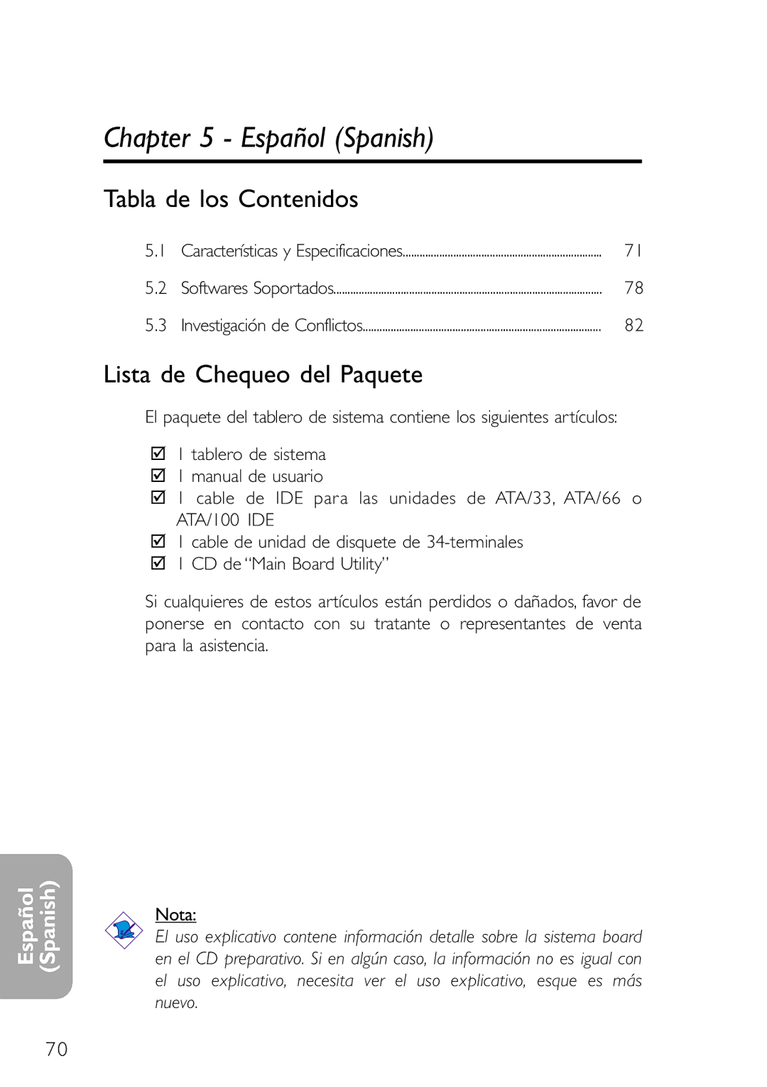 DFI NB78-BL, NB78-BC manual Tabla de los Contenidos, Lista de Chequeo del Paquete 