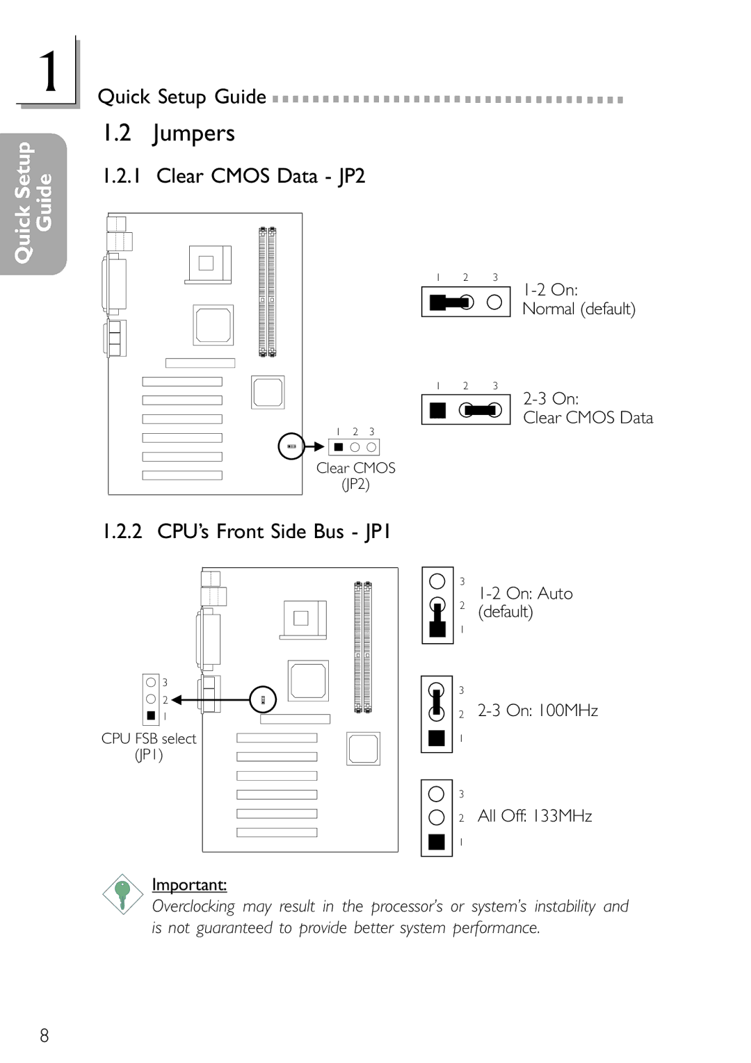 DFI NB78-BL, NB78-BC manual Jumpers, Clear Cmos Data JP2, 2 CPU’s Front Side Bus JP1 