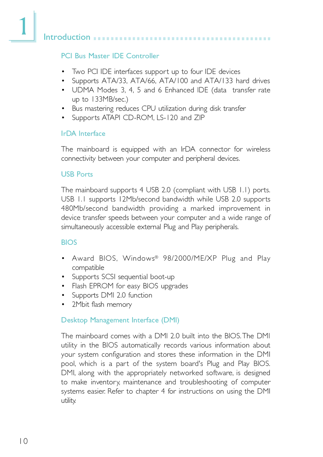 DFI PM12-EL, PM12-EC user manual PCI Bus Master IDE Controller, IrDA Interface, USB Ports, Desktop Management Interface DMI 