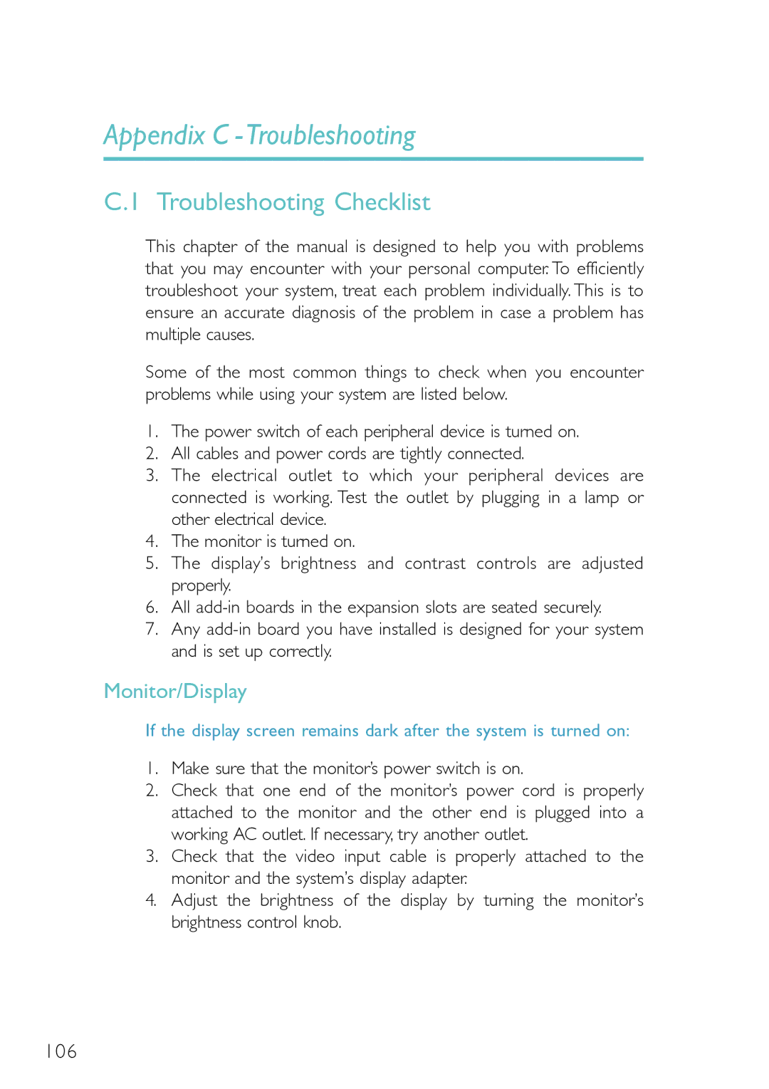 DFI PM12-EL, PM12-EC user manual Troubleshooting Checklist, Monitor/Display 