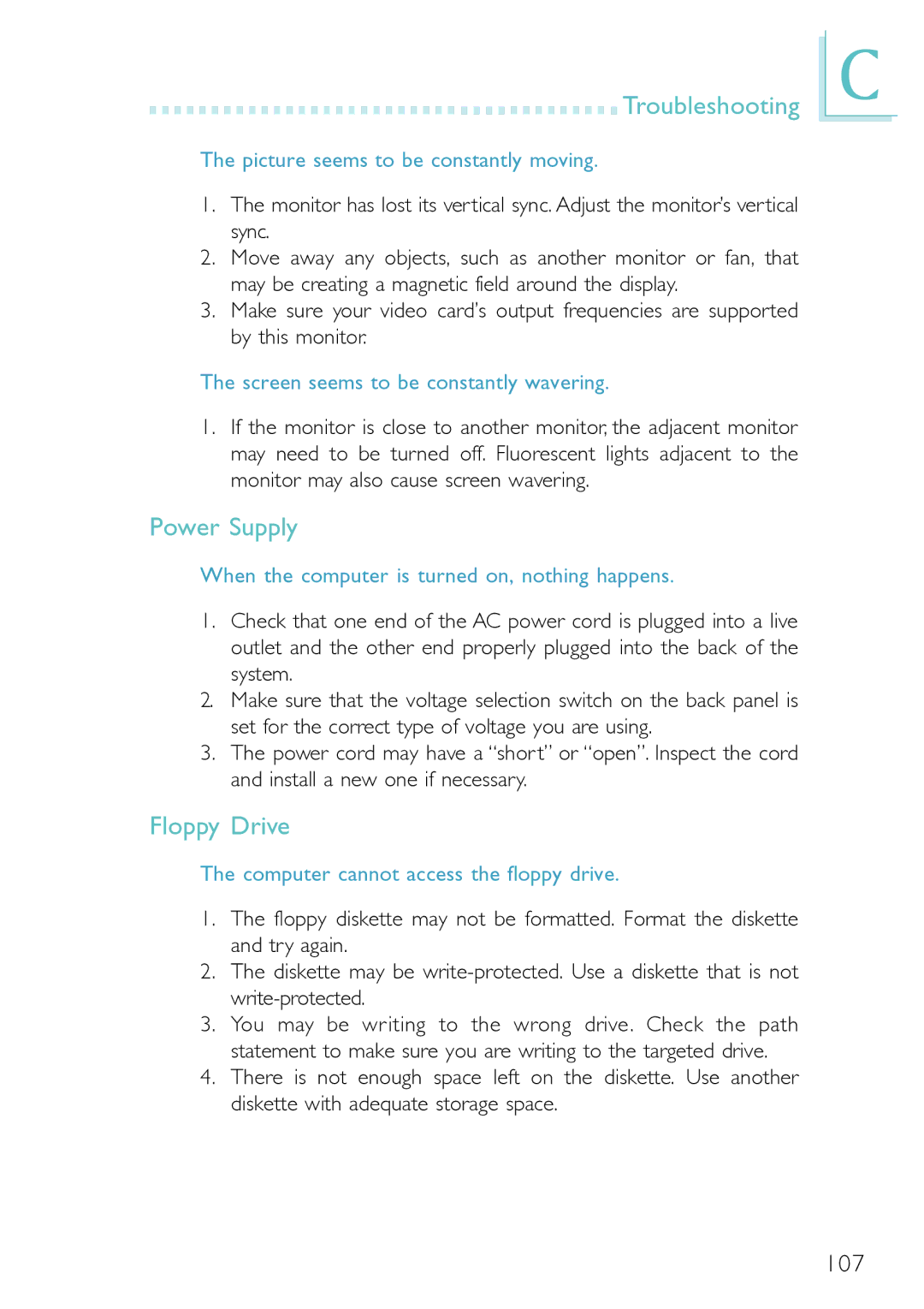 DFI PM12-EC, PM12-EL user manual Troubleshooting, Power Supply, Floppy Drive 