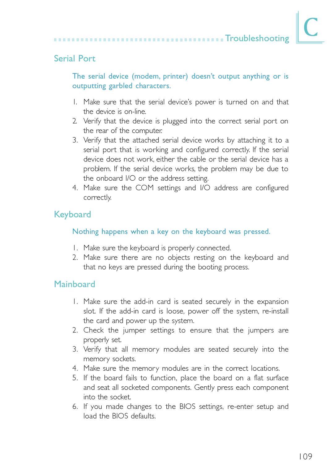 DFI PM12-EC, PM12-EL user manual Troubleshooting Serial Port, Keyboard 