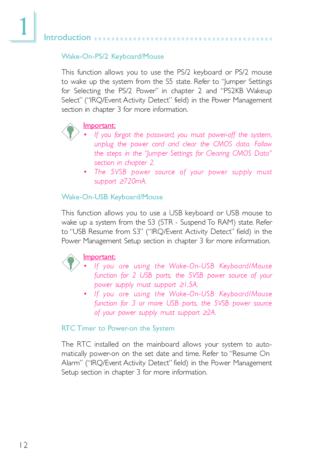 DFI PM12-EL, PM12-EC user manual Wake-On-PS/2 Keyboard/Mouse, Wake-On-USB Keyboard/Mouse, RTC Timer to Power-on the System 