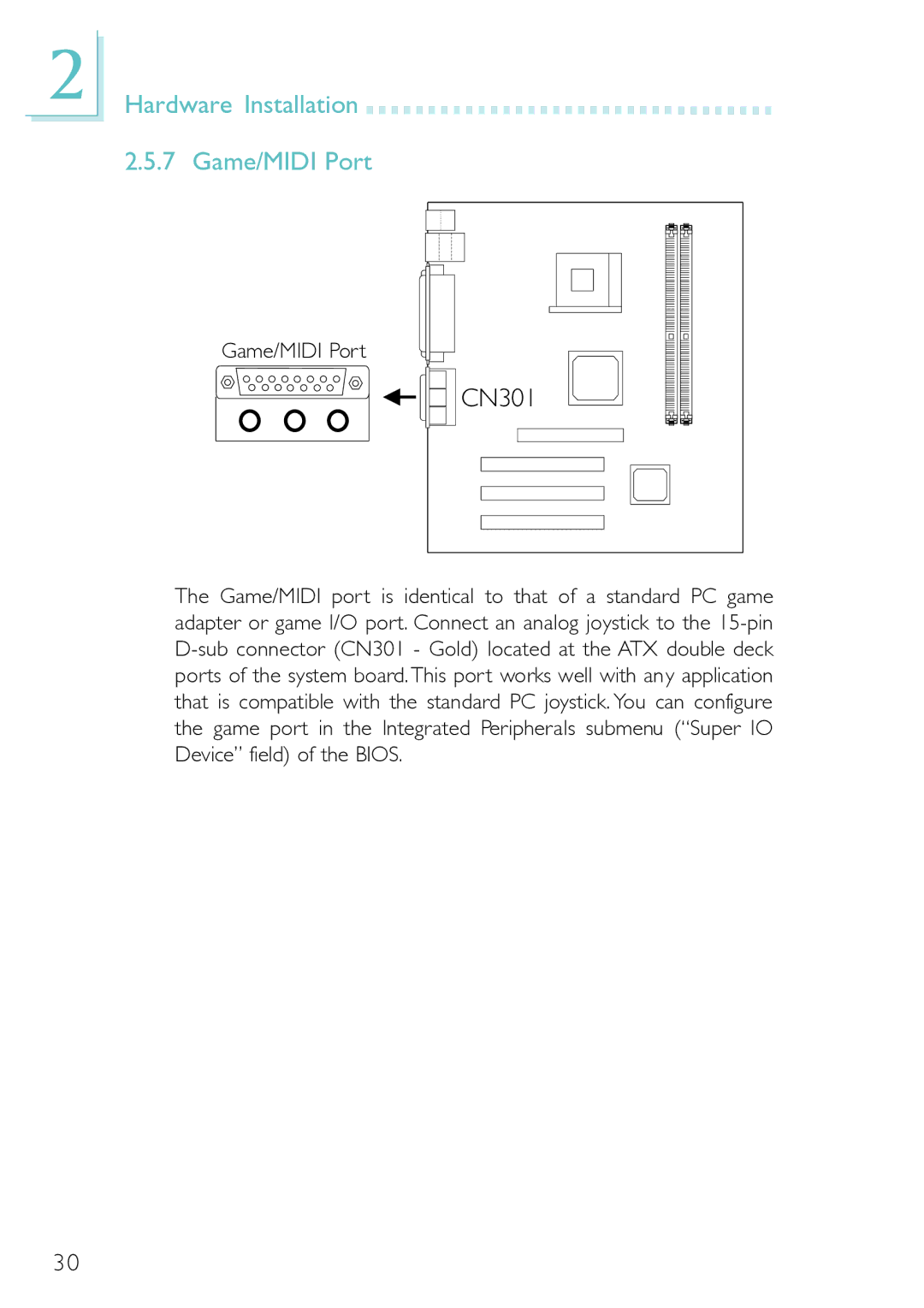 DFI PM12-EL, PM12-EC user manual Hardware Installation 2.5.7 Game/MIDI Port, CN301 