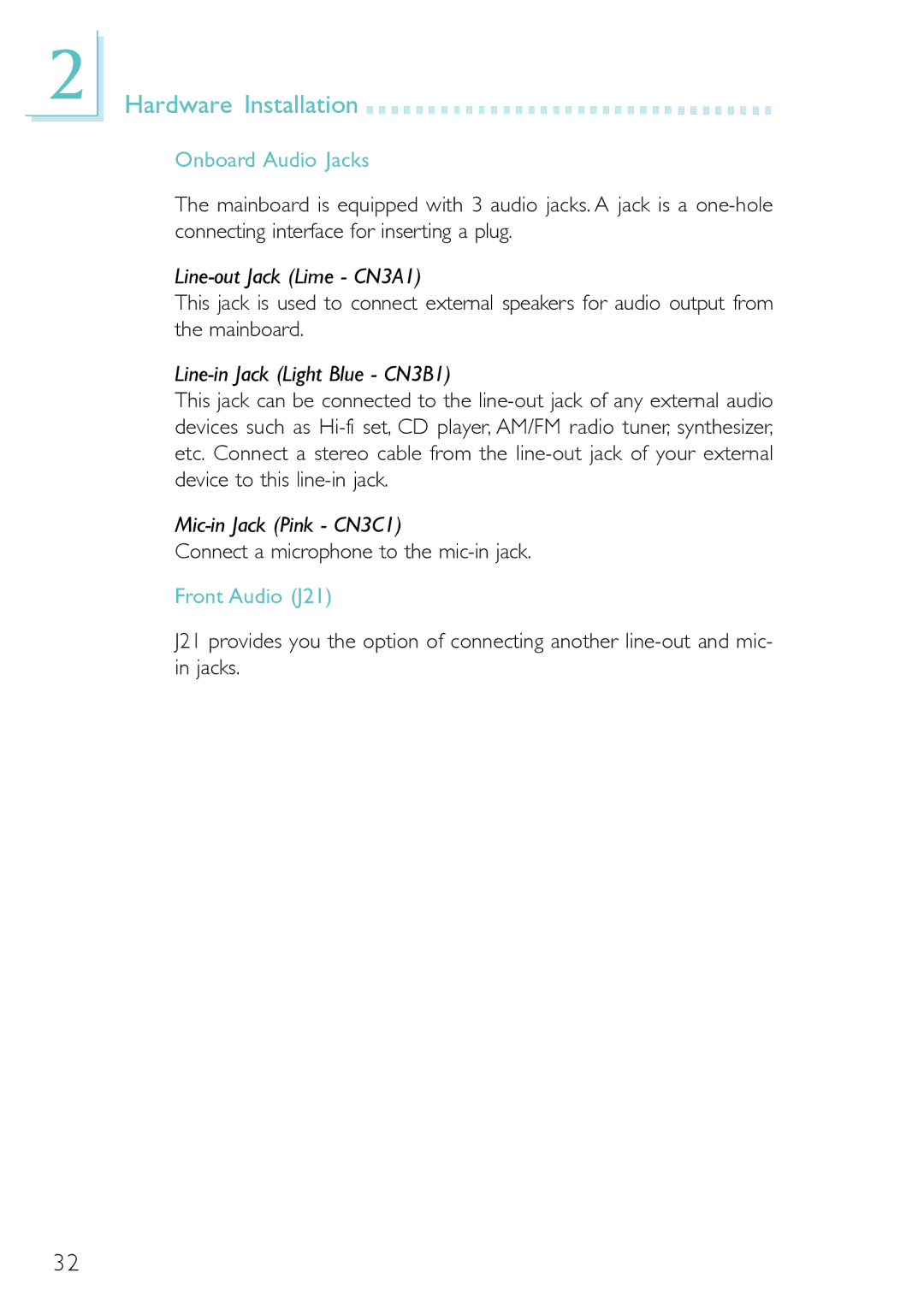 DFI PM12-EL, PM12-EC user manual Onboard Audio Jacks, Front Audio J21 