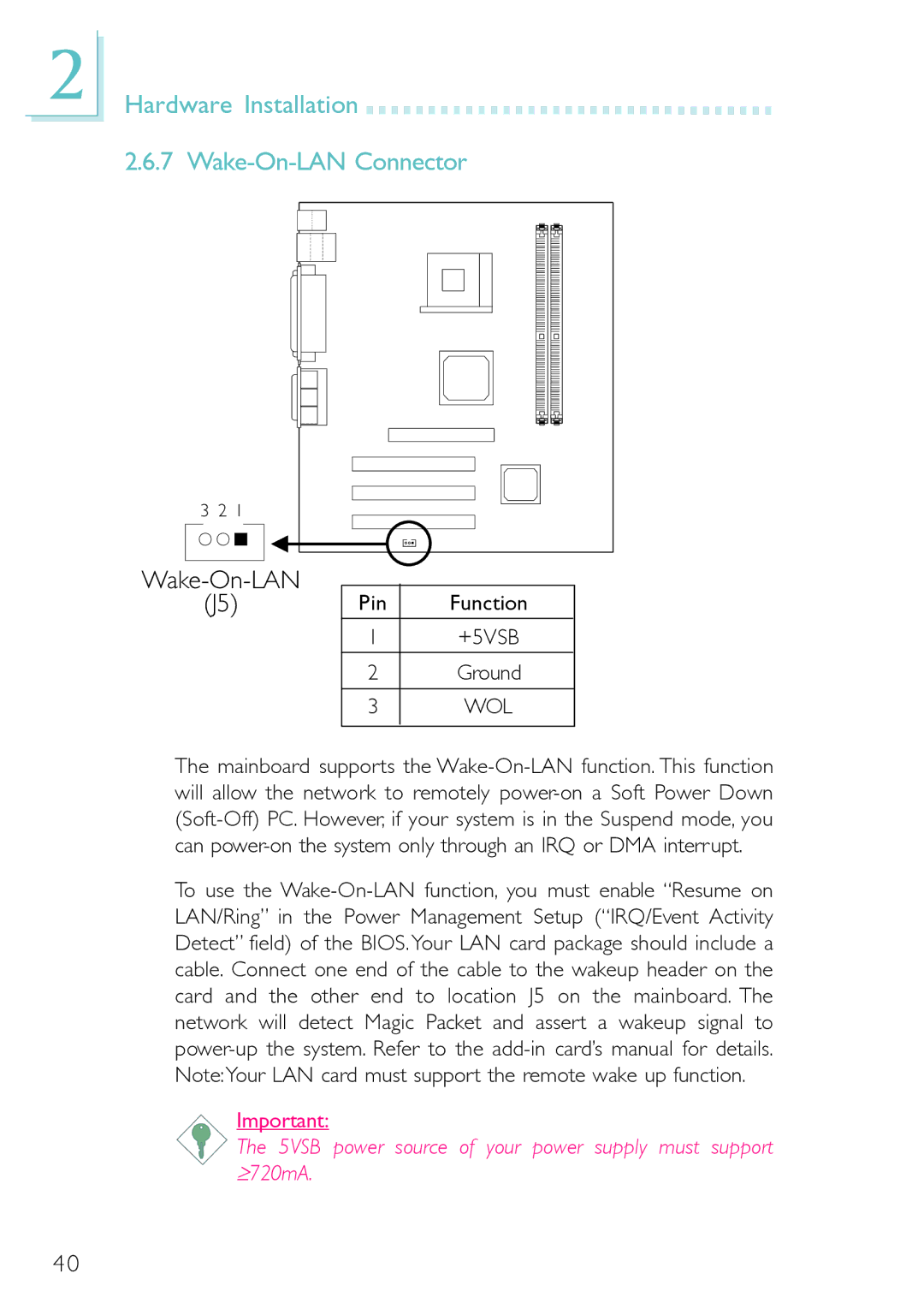 DFI PM12-EL, PM12-EC user manual Hardware Installation 2.6.7 Wake-On-LAN Connector, +5VSB Ground 