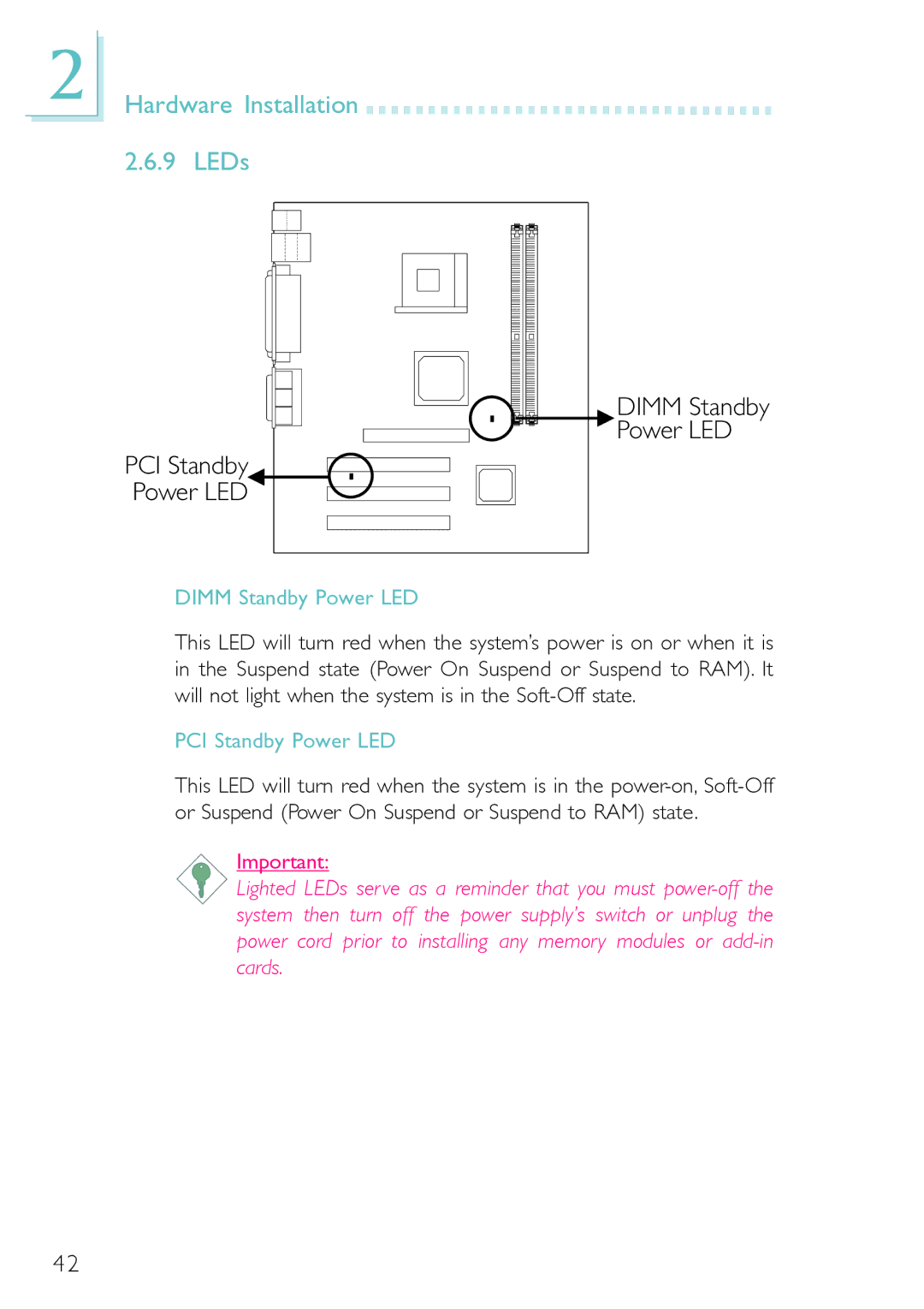 DFI PM12-EL, PM12-EC user manual Hardware Installation 2.6.9 LEDs, Dimm Standby Power LED PCI Standby, PCI Standby Power LED 