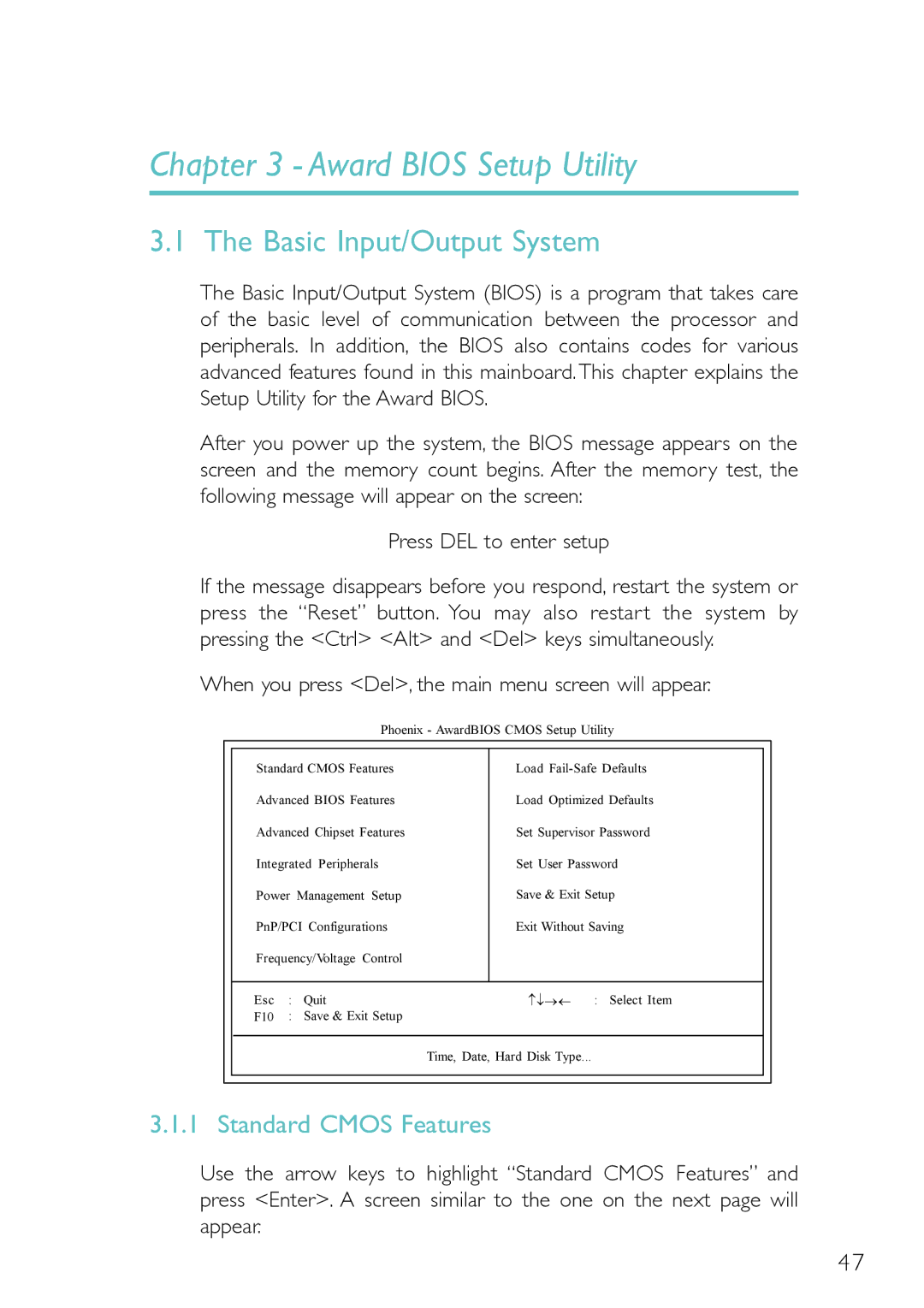 DFI PM12-EC Basic Input/Output System, Standard Cmos Features, When you press Del, the main menu screen will appear 