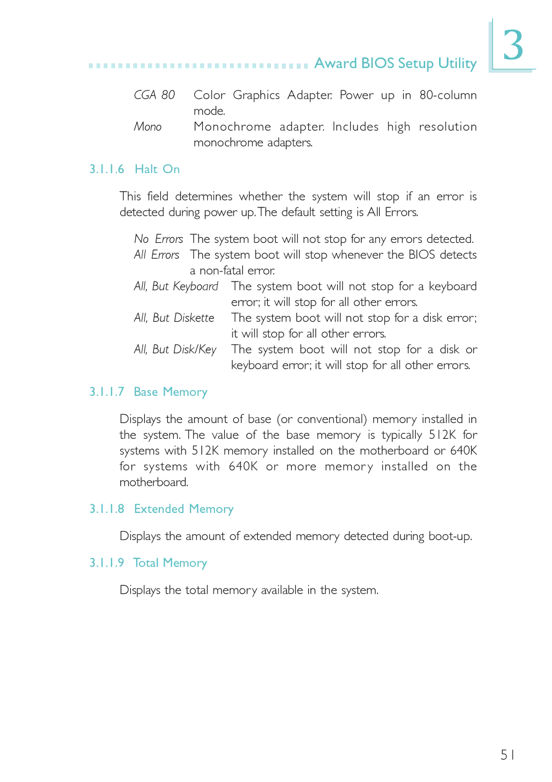 DFI PM12-EC, PM12-EL user manual Halt On, Base Memory, Extended Memory, Total Memory 