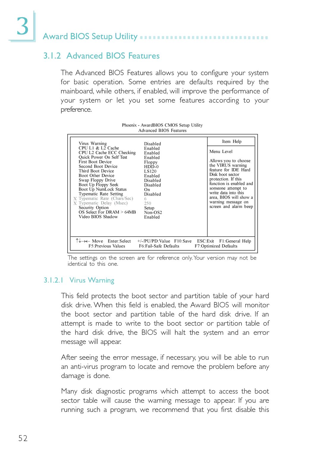 DFI PM12-EL, PM12-EC user manual Award Bios Setup Utility Advanced Bios Features, Virus Warning 