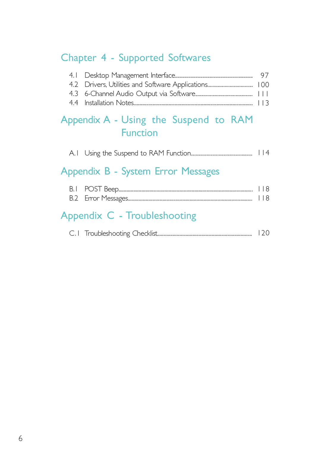 DFI PM12-EL, PM12-EC user manual Supported Softwares, Function, Appendix B System Error Messages, Appendix C Troubleshooting 