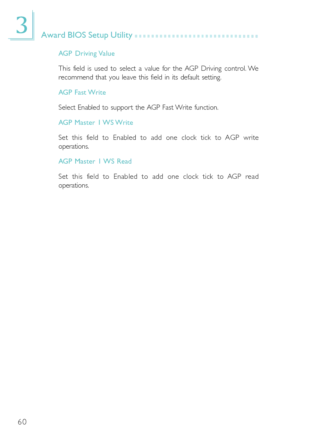 DFI PM12-EL, PM12-EC AGP Driving Value, Select Enabled to support the AGP Fast Write function, AGP Master 1 WS Write 