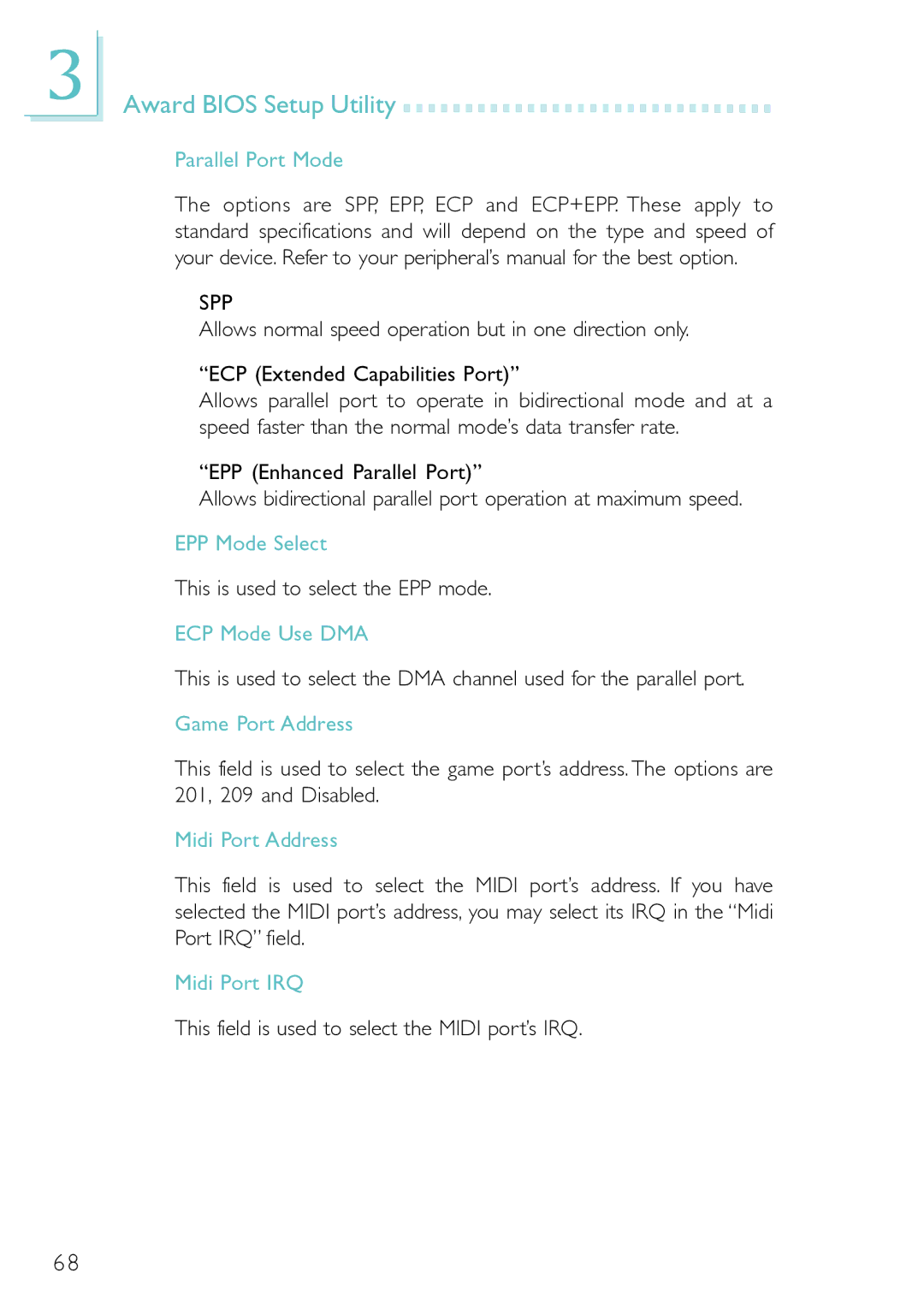 DFI PM12-EL Parallel Port Mode, EPP Mode Select, ECP Mode Use DMA, Game Port Address, Midi Port Address, Midi Port IRQ 