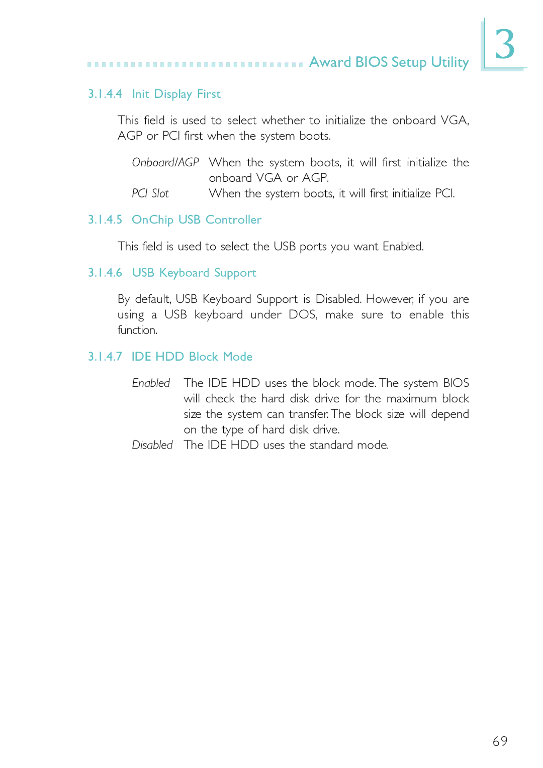 DFI PM12-EC, PM12-EL user manual Init Display First, OnChip USB Controller, USB Keyboard Support, IDE HDD Block Mode 