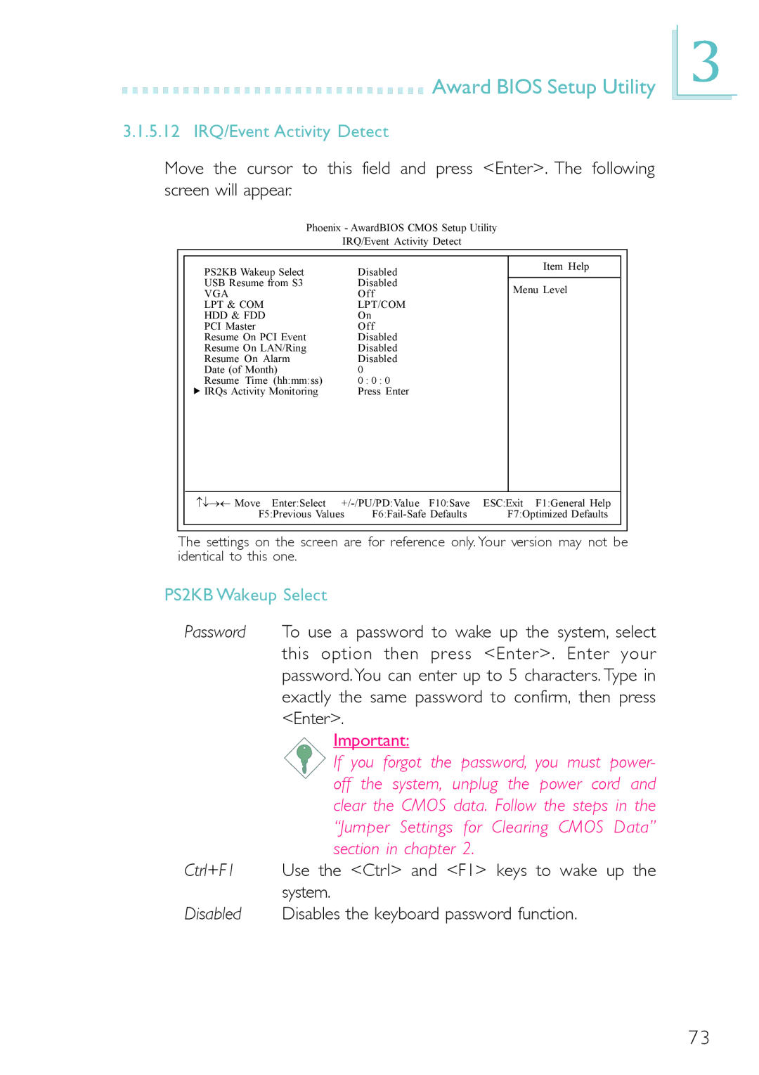 DFI PM12-EC, PM12-EL user manual 5.12 IRQ/Event Activity Detect, PS2KB Wakeup Select 