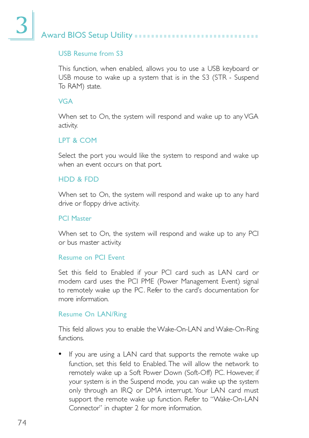 DFI PM12-EL, PM12-EC user manual USB Resume from S3, PCI Master, Resume on PCI Event, Resume On LAN/Ring 