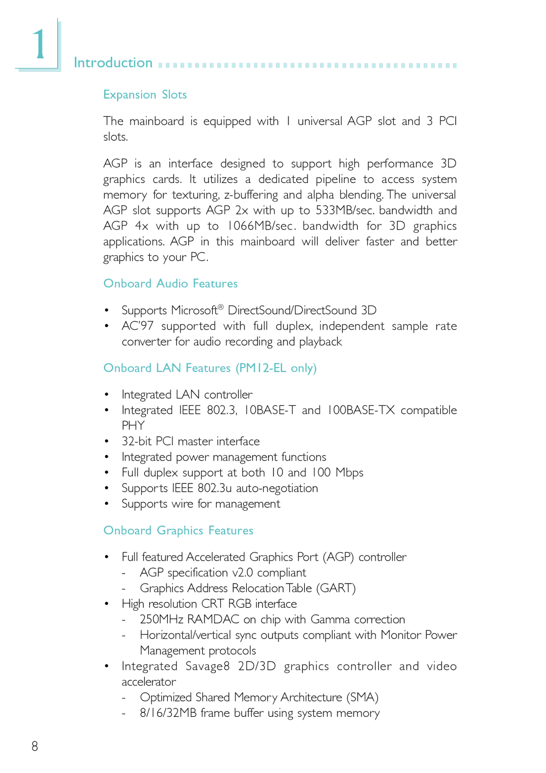 DFI Introduction, Expansion Slots, Onboard Audio Features, Onboard LAN Features PM12-EL only, Onboard Graphics Features 