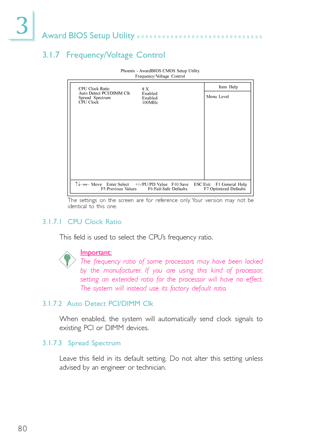 DFI PM12-EL Award Bios Setup Utility Frequency/Voltage Control, CPU Clock Ratio, Auto Detect PCI/DIMM Clk, Spread Spectrum 