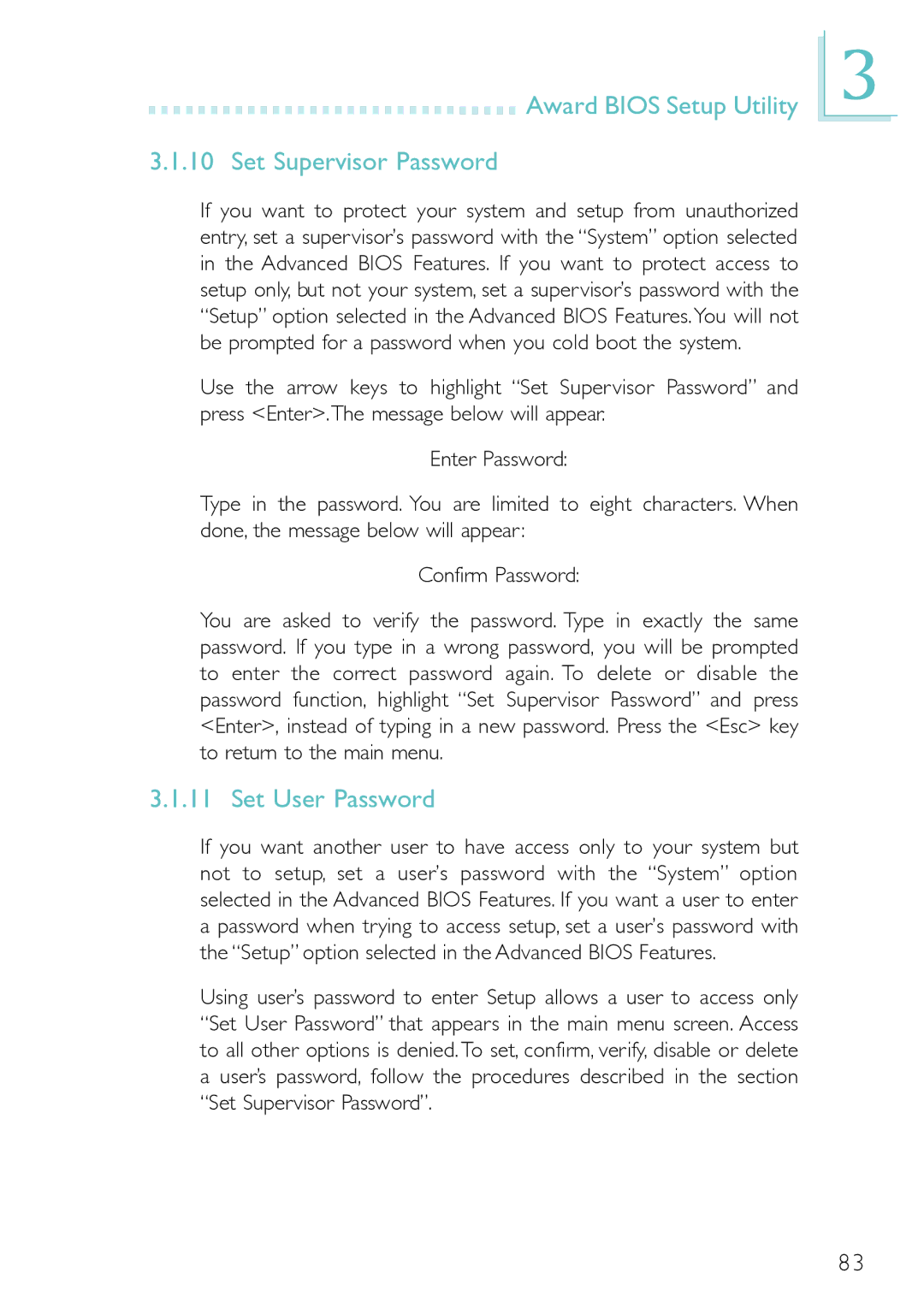 DFI PM12-EC, PM12-EL user manual Award Bios Setup Utility Set Supervisor Password, Set User Password 