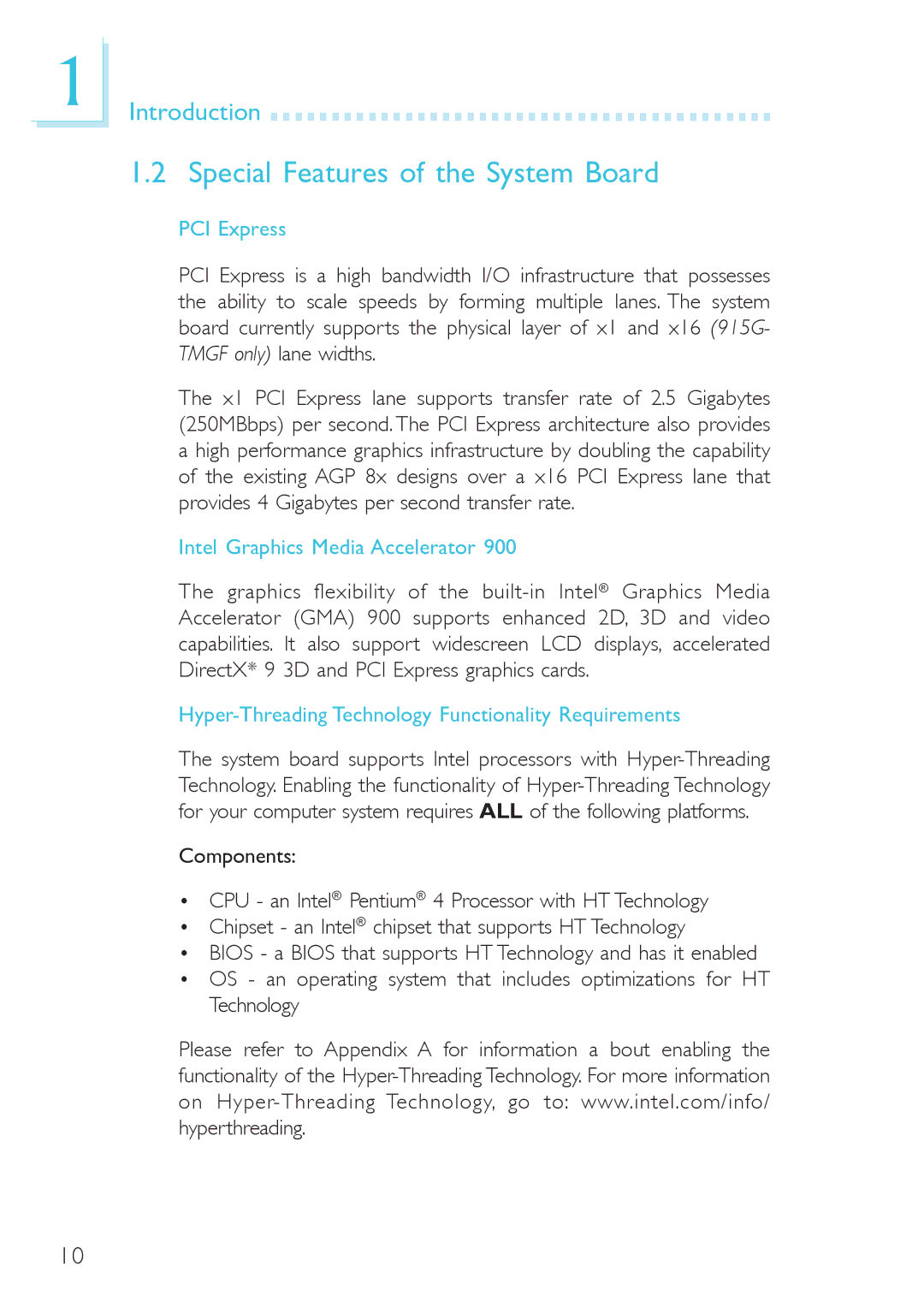 DFI 915g-tmgf, system board, 915gv-tml Special Features of the System Board, PCI Express, Intel Graphics Media Accelerator 