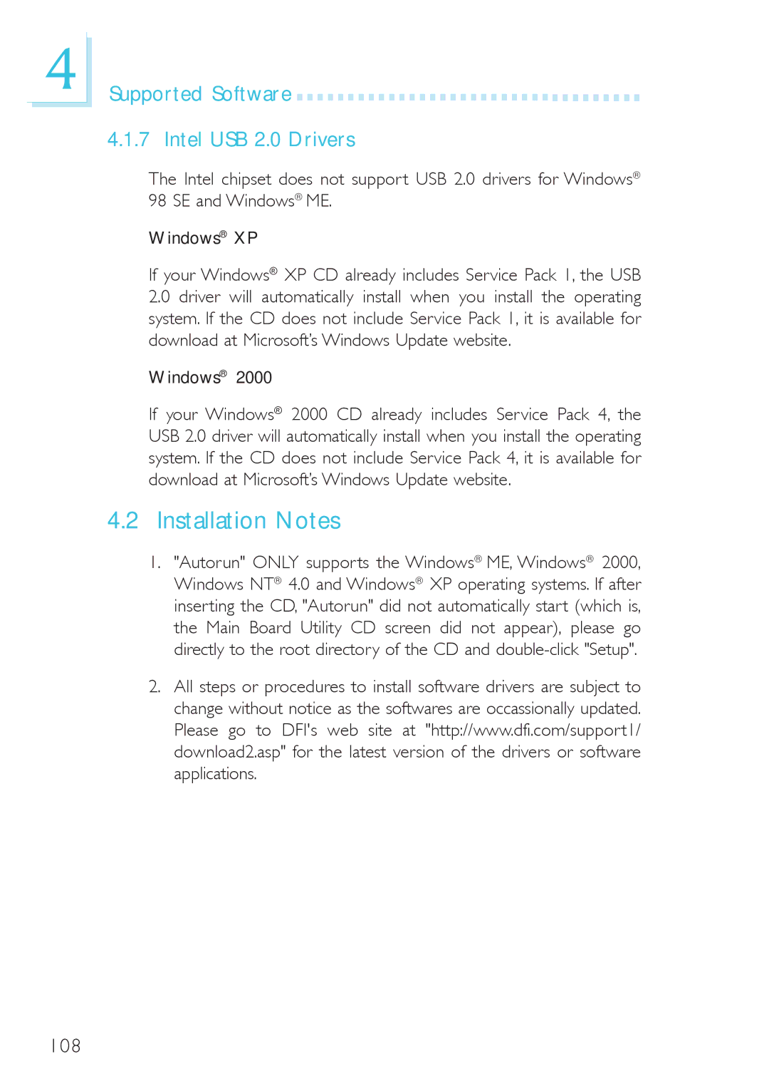 DFI system board, 915g-tmgf, 915gv-tml user manual Installation Notes, Supported Software Intel USB 2.0 Drivers, Windows 