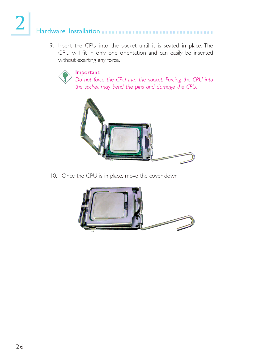 DFI 915gv-tml, system board, 915g-tmgf user manual Once the CPU is in place, move the cover down 